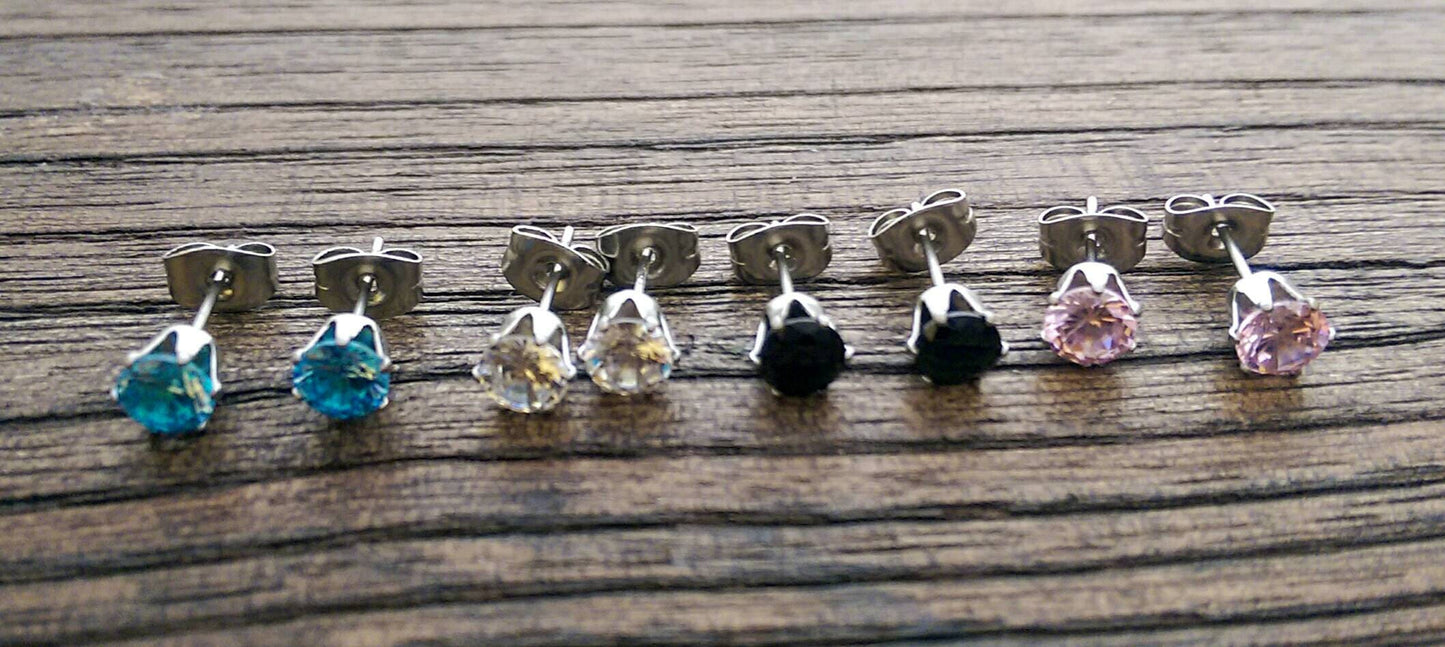 Silver Cubic Zirconia Stud Earrings, 5mm 6mm 7mm Clear, Black, Red, Emerald Green, Aqua, Champagne, Blue Sapphire Pink with Stainless Steel