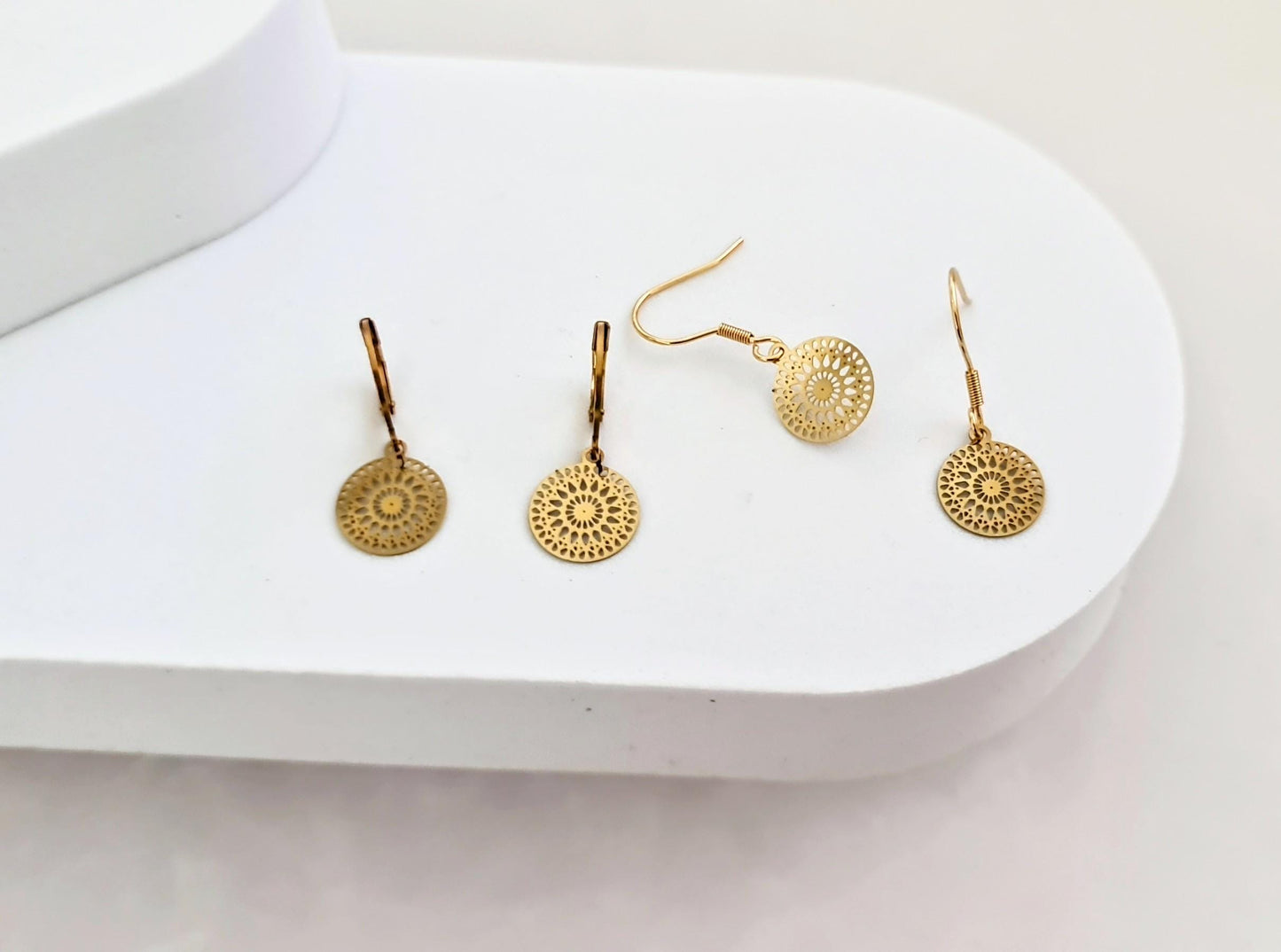 Gold Circle Leverback Earrings, Circle Filigree Gold Stainless Steel Dangle Leverback Earrings.