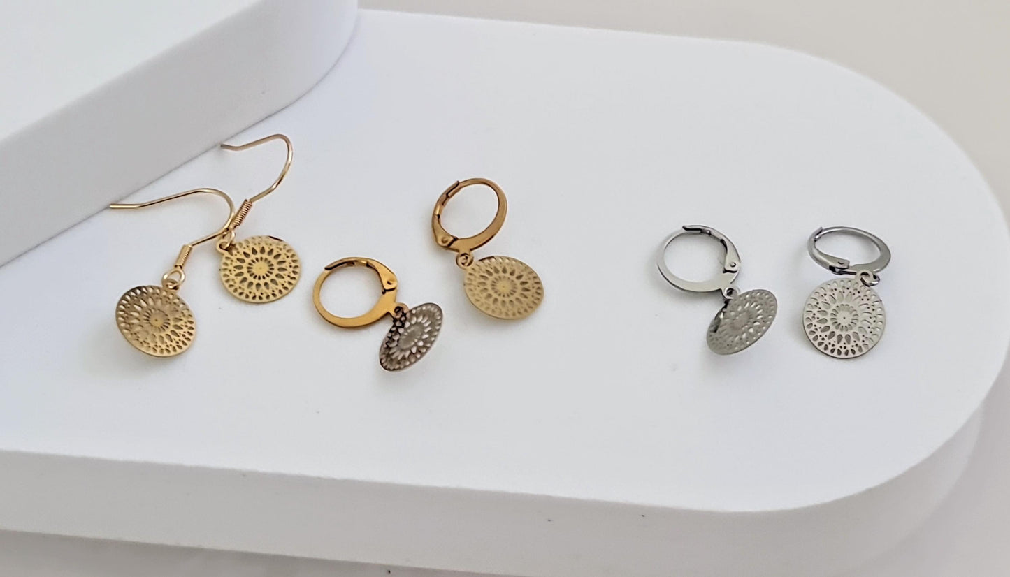 Gold Circle Leverback Earrings, Circle Filigree Gold Stainless Steel Dangle Leverback Earrings.