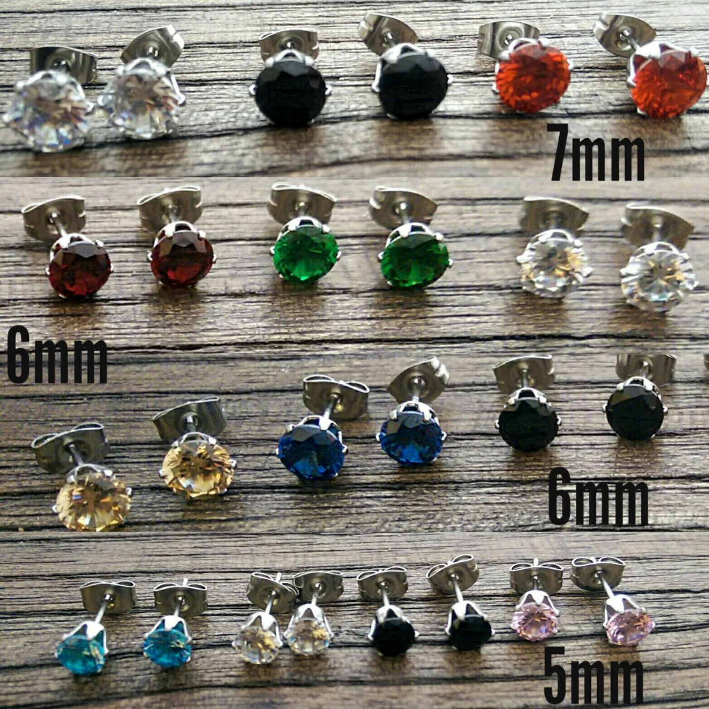 Silver Cubic Zirconia Stud Earrings, 5mm 6mm 7mm Clear, Black, Red, Emerald Green, Aqua, Champagne, Blue Sapphire Pink with Stainless Steel