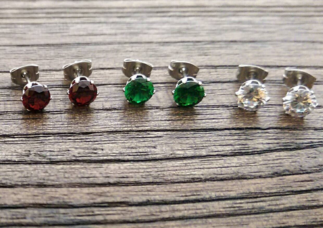Silver Cubic Zirconia Stud Earrings, 5mm 6mm 7mm Clear, Black, Red, Emerald Green, Aqua, Champagne, Blue Sapphire Pink with Stainless Steel