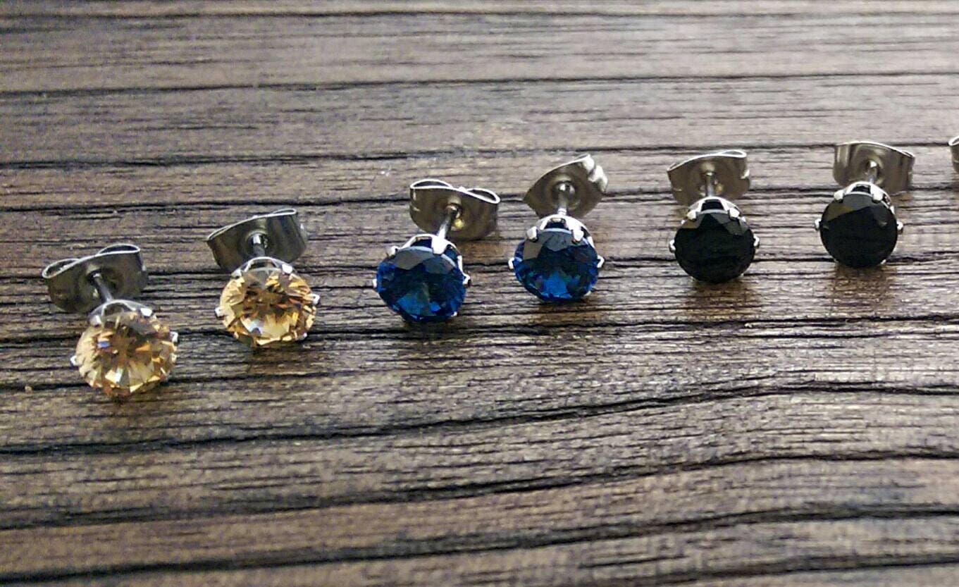 Silver Cubic Zirconia Stud Earrings, 5mm 6mm 7mm Clear, Black, Red, Emerald Green, Aqua, Champagne, Blue Sapphire Pink with Stainless Steel