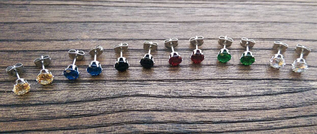 Silver Cubic Zirconia Stud Earrings, 5mm 6mm 7mm Clear, Black, Red, Emerald Green, Aqua, Champagne, Blue Sapphire Pink with Stainless Steel