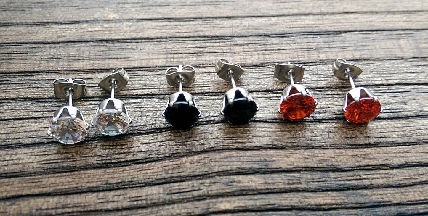 Silver Cubic Zirconia Stud Earrings, 5mm 6mm 7mm Clear, Black, Red, Emerald Green, Aqua, Champagne, Blue Sapphire Pink with Stainless Steel