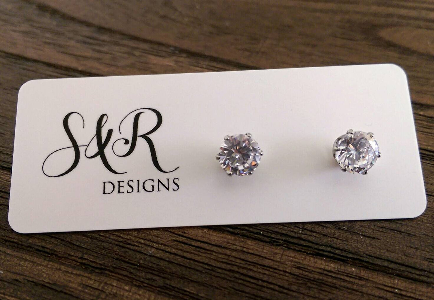 Silver Cubic Zirconia Stud Earrings, 5mm 6mm 7mm Clear, Black, Red, Emerald Green, Aqua, Champagne, Blue Sapphire Pink with Stainless Steel