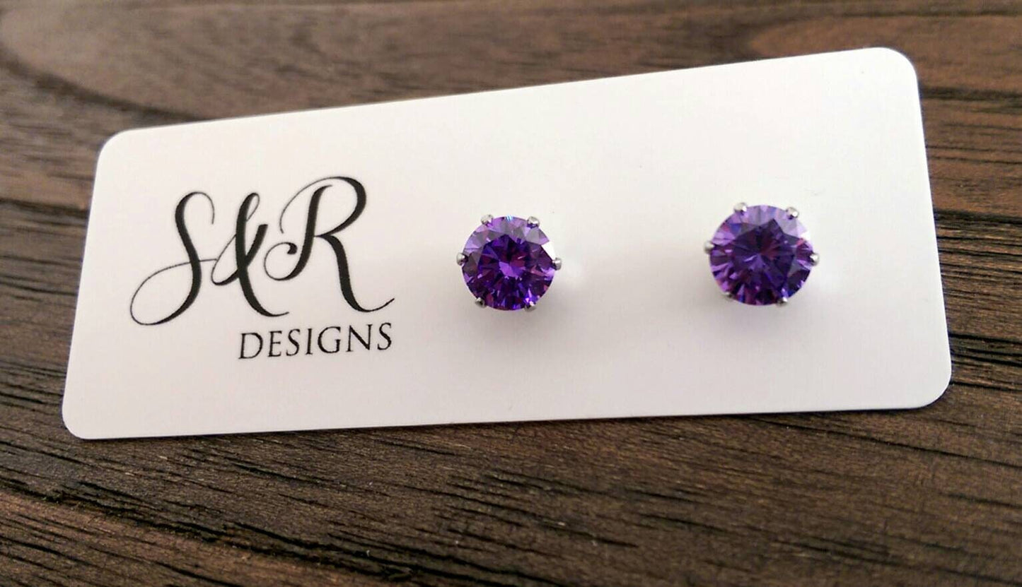 Silver Cubic Zirconia Stud Earrings, 5mm 6mm 7mm Clear, Black, Red, Emerald Green, Aqua, Champagne, Blue Sapphire Pink with Stainless Steel