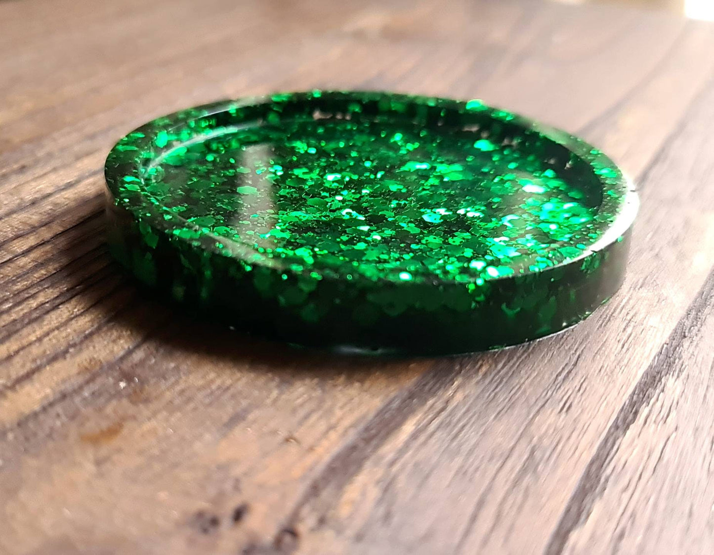 Emerald Green Resin Trinket Ring Dish, Coaster Green Glitter Mix