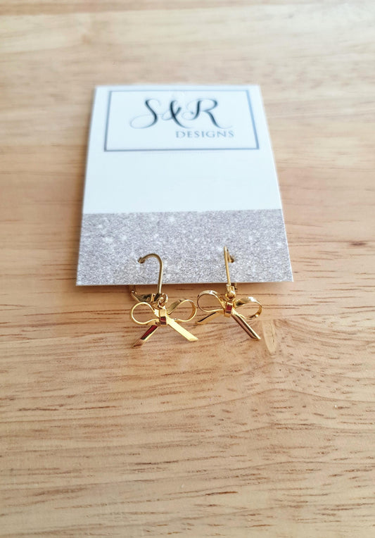Gold Bow Leverback Earrings, Minimalist Bows Drop Earrings, Gold Stainless Steel Dangle Drops, Choose Leverback, Hoops or  Hook Earwire.