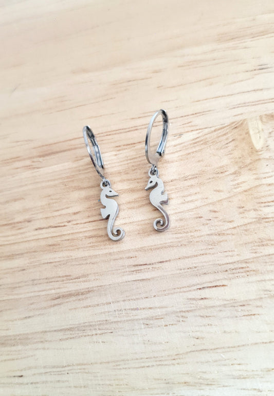Silver Seahorse Earrings, Minimalist Stainless Steel Dangle Drops, Choose Leverback or Hook Earwire Earrings. Beach Wear Gift