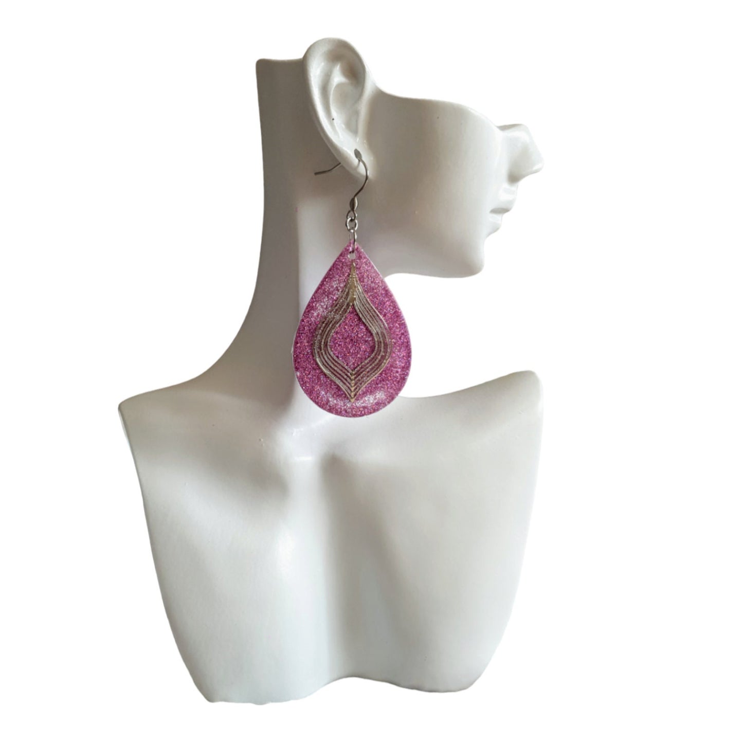 Pricilla Pink Teardrop Dangle Silver Earrings, Holographic with Silver Filigree Resin Drop Dangles, Stainless Steel, Statement Handmade Gift