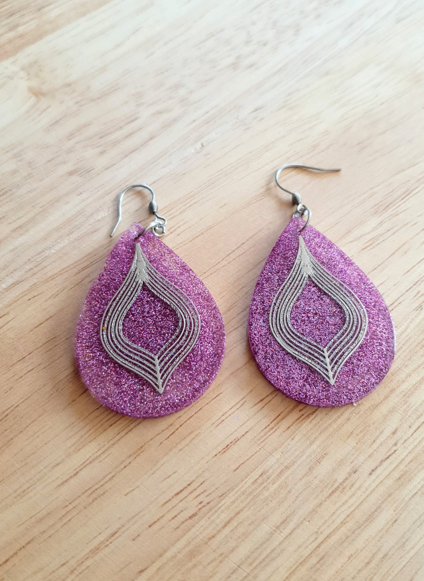 Pricilla Pink Teardrop Dangle Silver Earrings, Holographic with Silver Filigree Resin Drop Dangles, Stainless Steel, Statement Handmade Gift