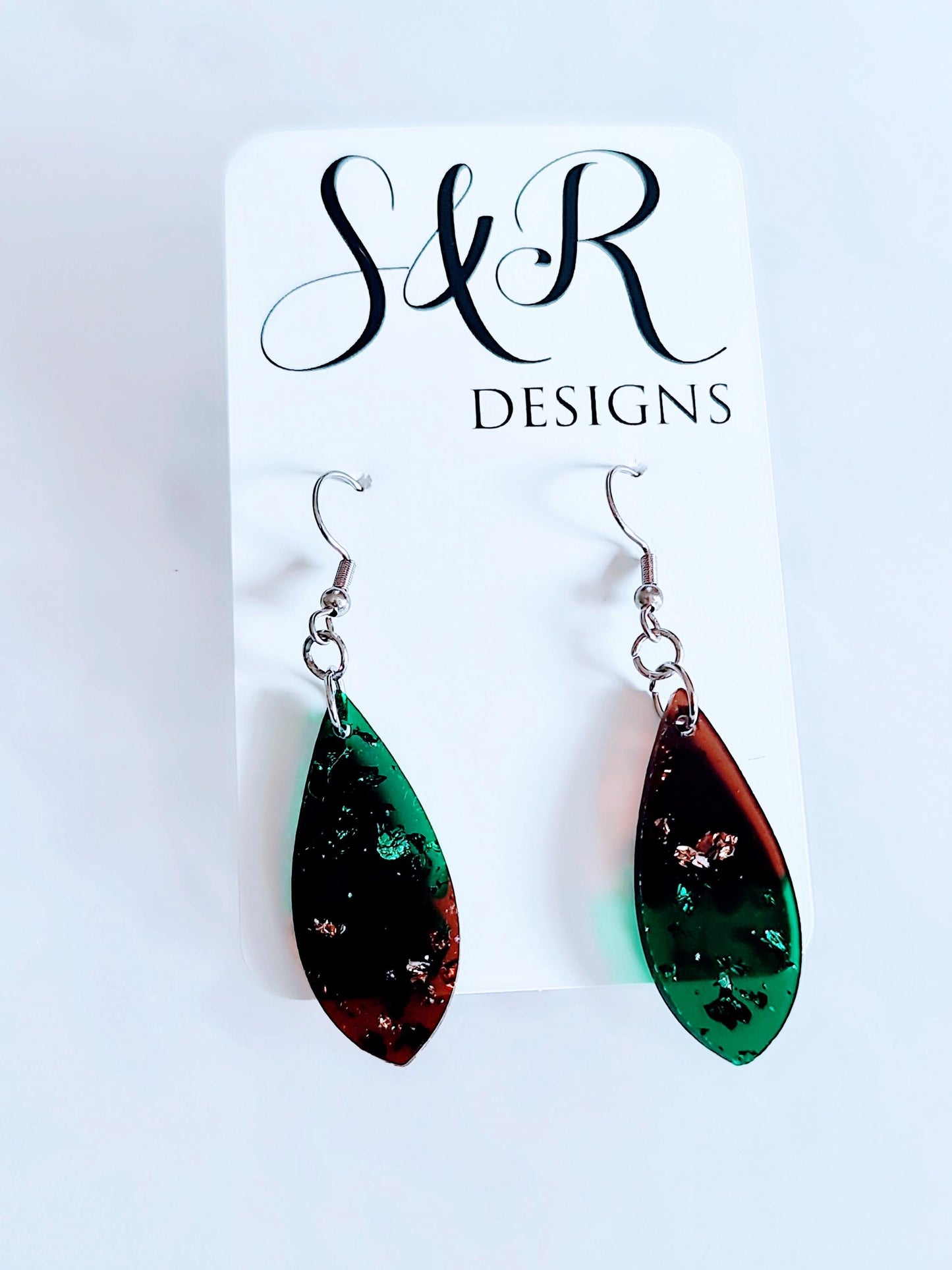 Emerald Green and Mocha Teardrop Hook Dangle Earrings, Stainless Steel Statement Earrings.