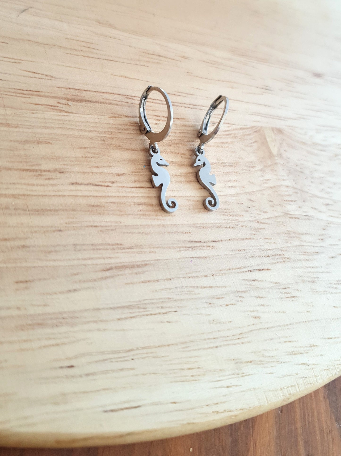 Silver Seahorse Earrings, Minimalist Stainless Steel Dangle Drops, Choose Leverback or Hook Earwire Earrings. Beach Wear Gift