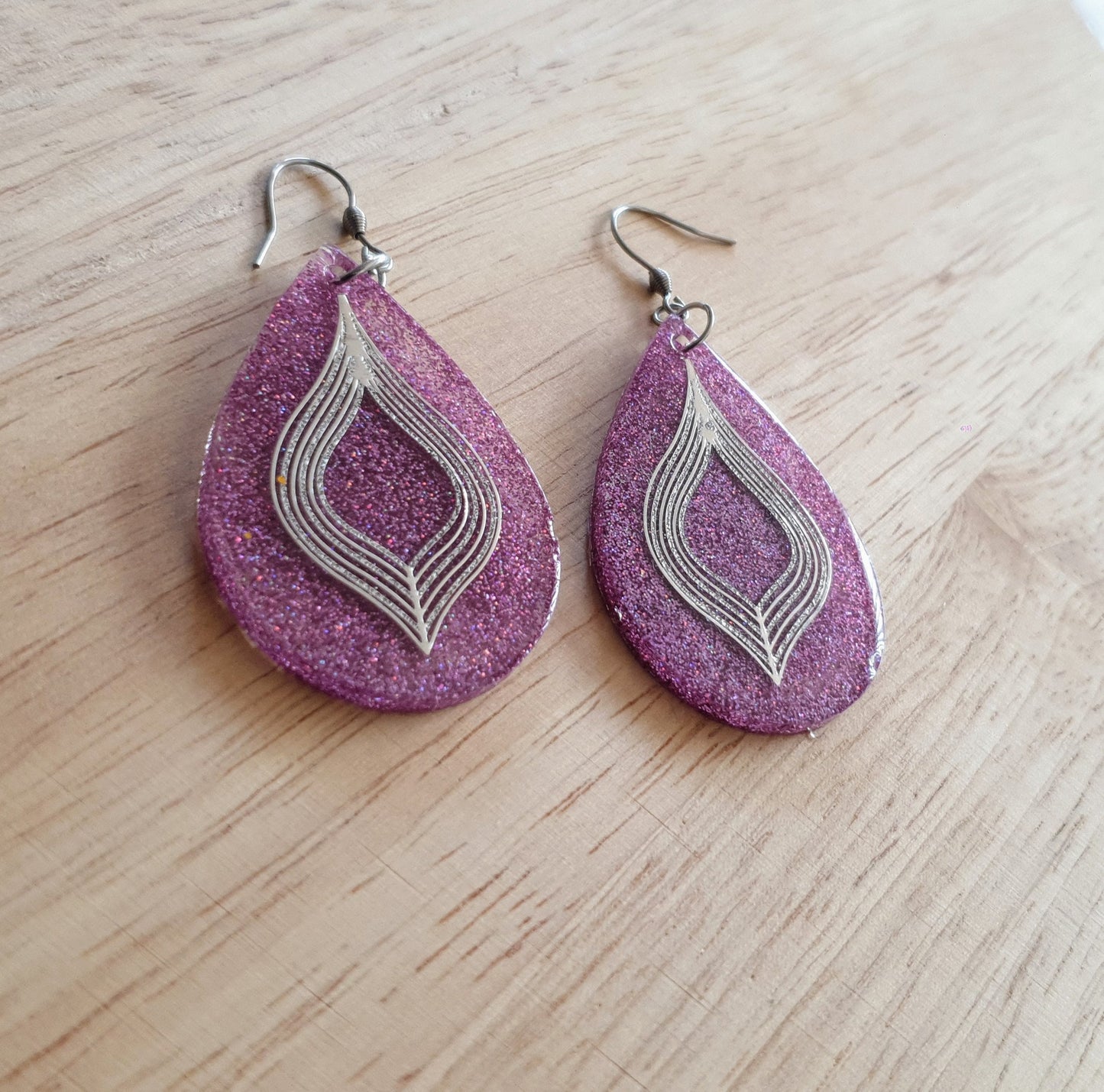 Pricilla Pink Teardrop Dangle Silver Earrings, Holographic with Silver Filigree Resin Drop Dangles, Stainless Steel, Statement Handmade Gift
