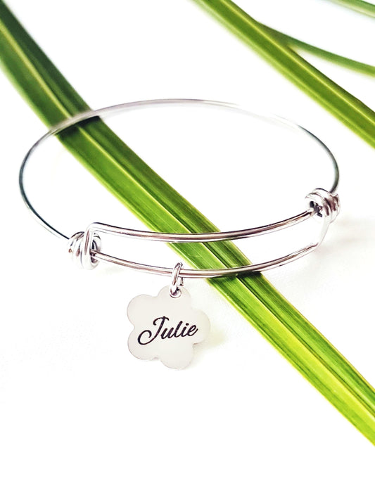 Silver Name Bangle, Personalised Initial Name Charm Bangle, Flower Design Charms, Adjustable Bangle Stainless Steel, Custom Gift for Her