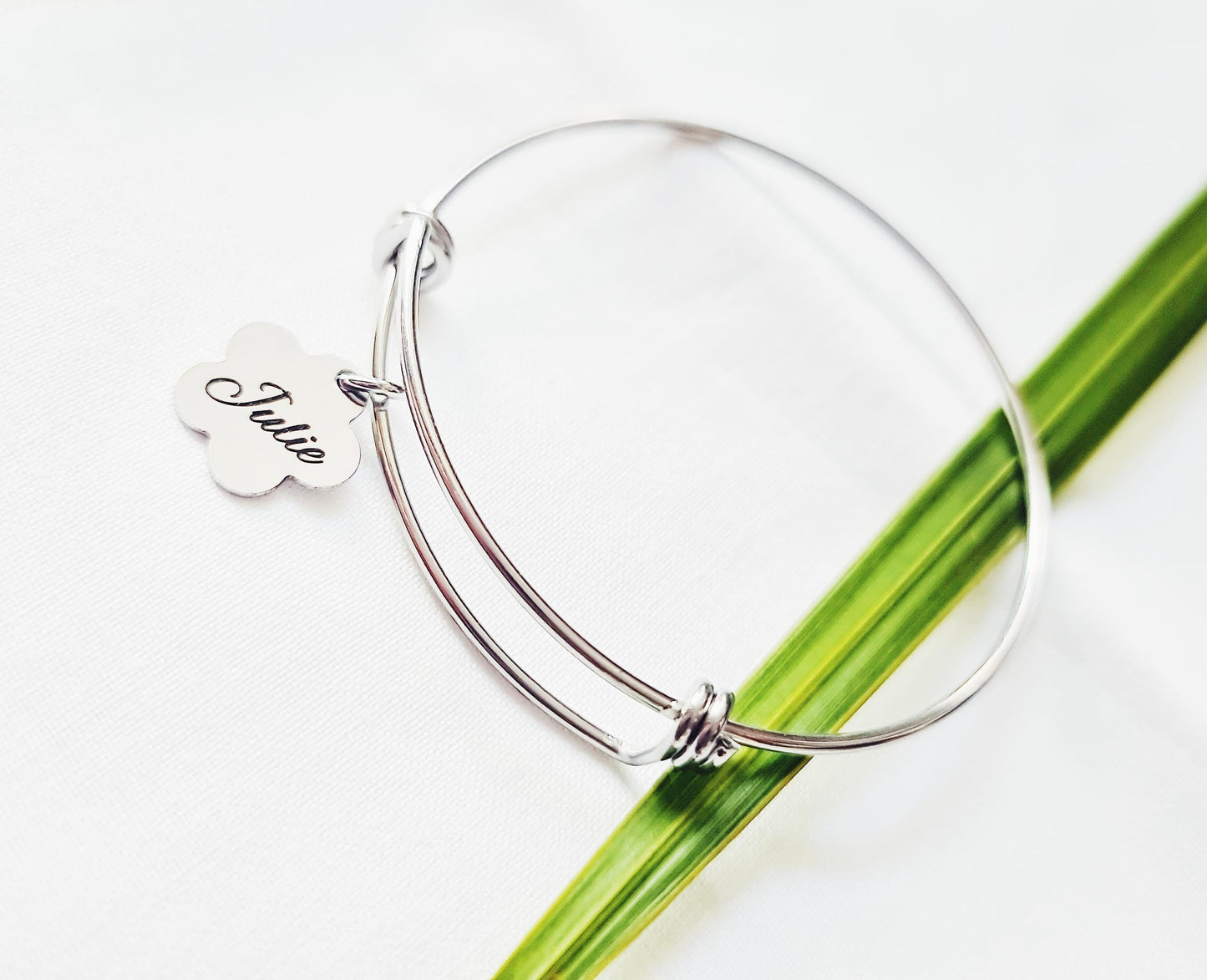Silver Name Bangle, Personalised Initial Name Charm Bangle, Flower Design Charms, Adjustable Bangle Stainless Steel, Custom Gift for Her