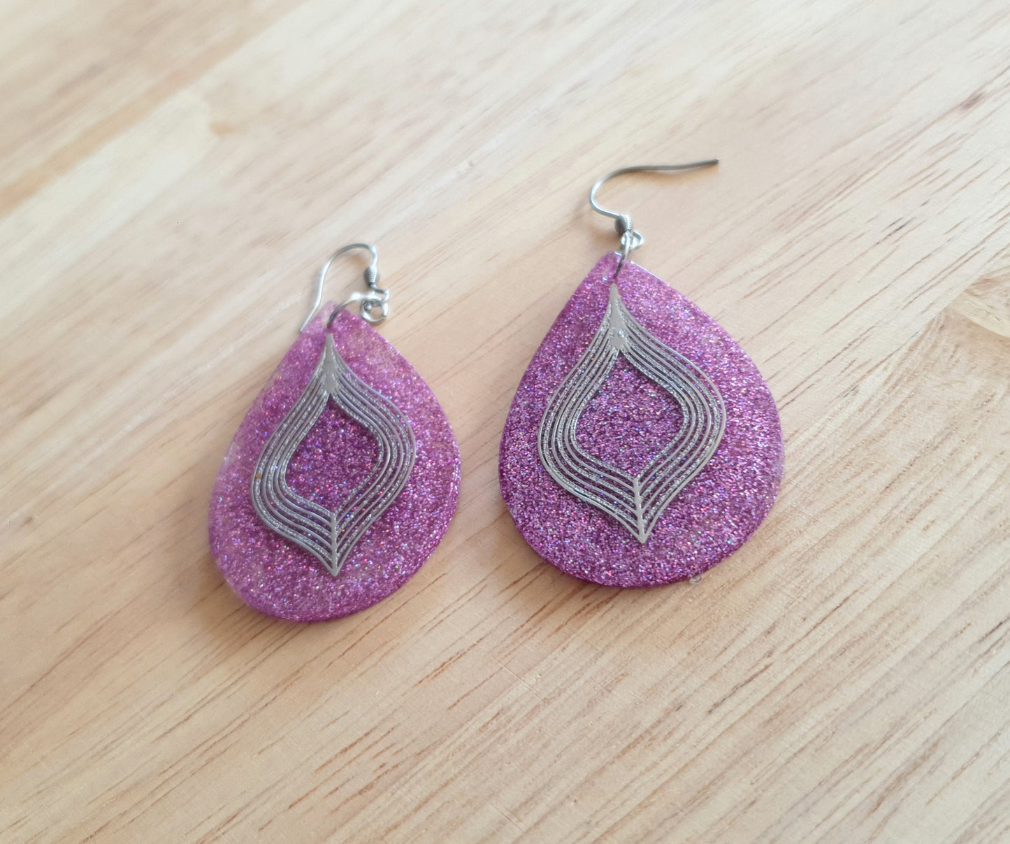 Pricilla Pink Teardrop Dangle Silver Earrings, Holographic with Silver Filigree Resin Drop Dangles, Stainless Steel, Statement Handmade Gift
