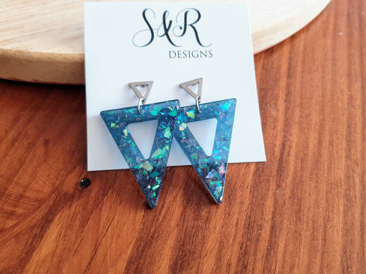 Blue Opal Design Triangle Dangle Earrings, Blue Mixed Glitter Resin Triangles, Stainless Steel Earrings, Statement Gift Earrings