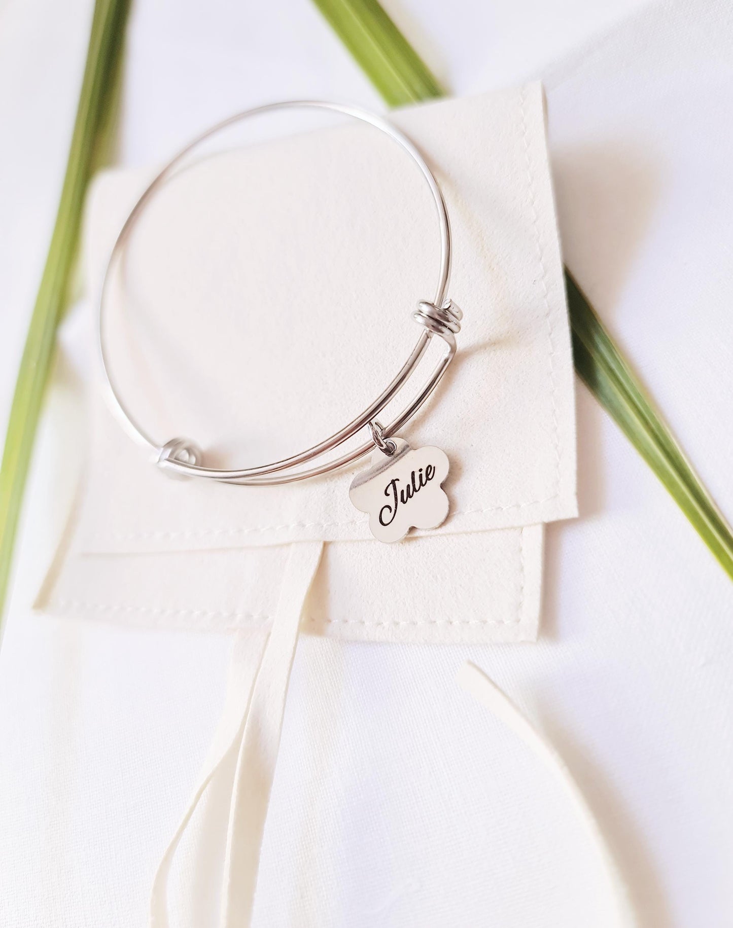 Silver Name Bangle, Personalised Initial Name Charm Bangle, Flower Design Charms, Adjustable Bangle Stainless Steel, Custom Gift for Her