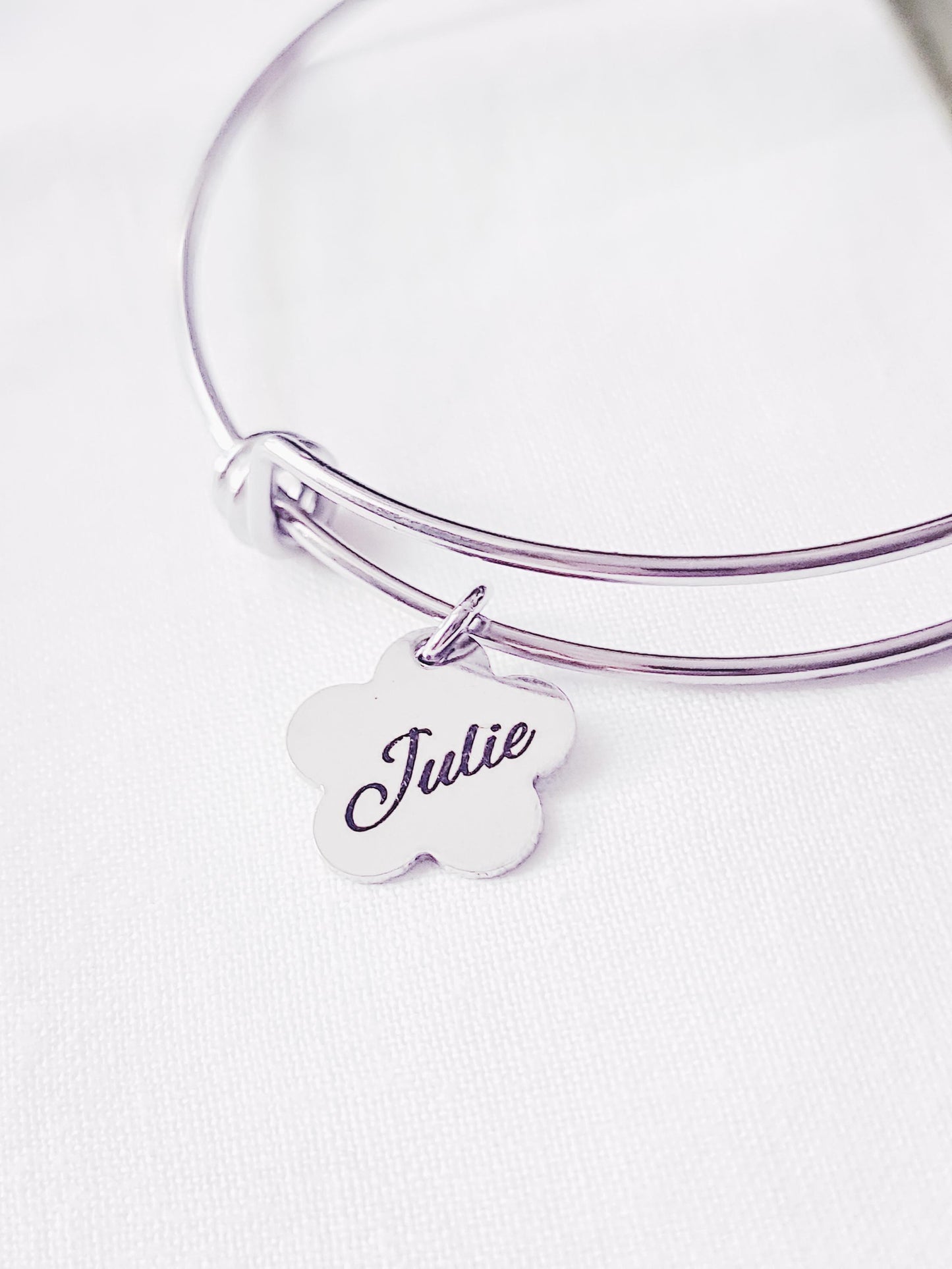 Silver Name Bangle, Personalised Initial Name Charm Bangle, Flower Design Charms, Adjustable Bangle Stainless Steel, Custom Gift for Her