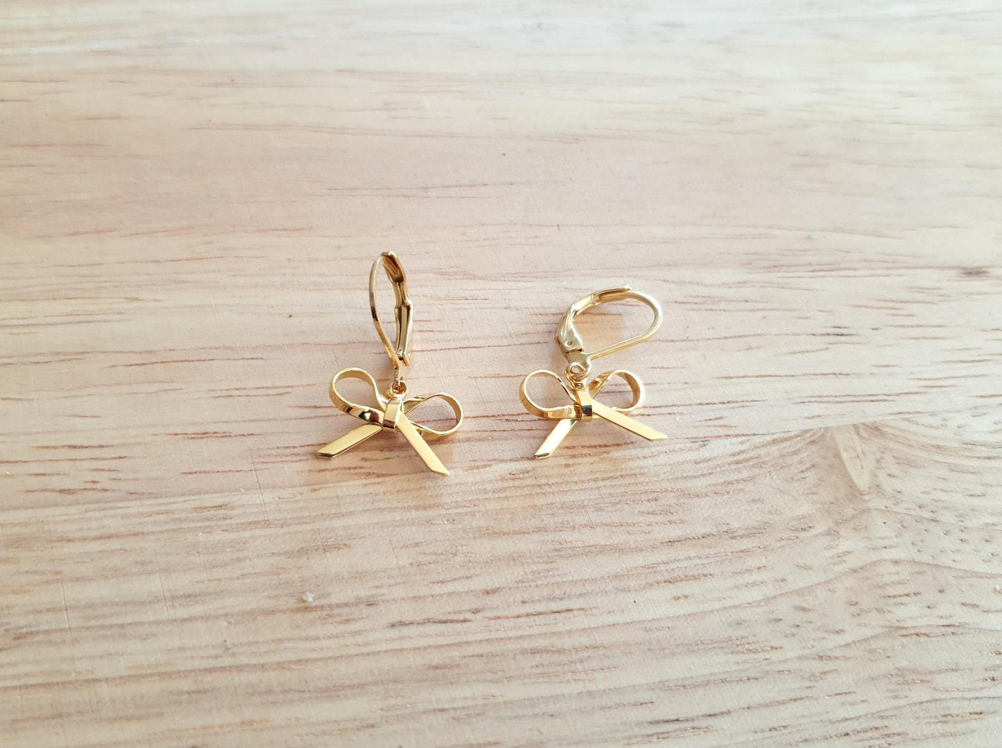 Gold Bow Leverback Earrings, Minimalist Bows Drop Earrings, Gold Stainless Steel Dangle Drops, Choose Leverback, Hoops or Hook Earwire.