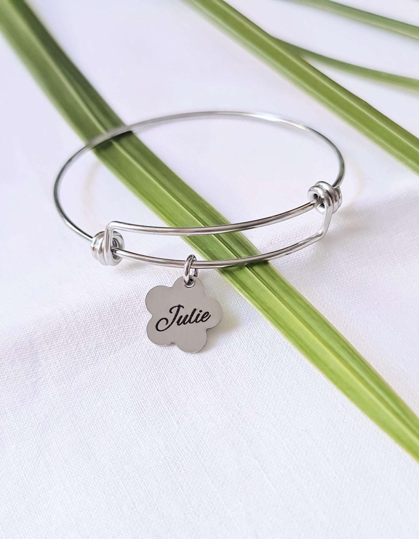 Silver Name Bangle, Personalised Initial Name Charm Bangle, Flower Design Charms, Adjustable Bangle Stainless Steel, Custom Gift for Her