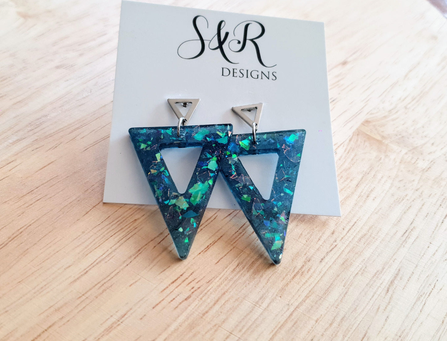 Blue Opal Design Triangle Dangle Earrings, Blue Mixed Glitter Resin Triangles, Stainless Steel Earrings, Statement Gift Earrings
