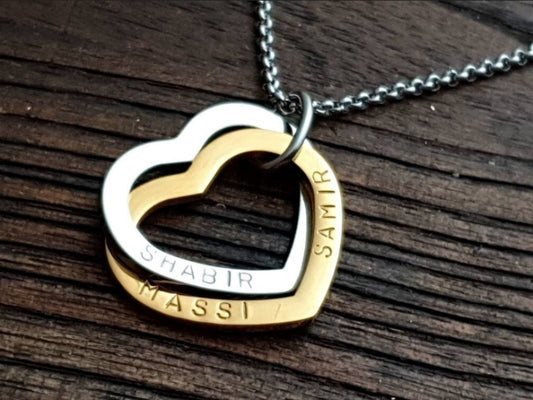 Personalised Heart Connecting Rings Necklace, Two Heart Links, Children names Personalized Hand Stamped Gift, Engagement, Girlfriend, Mother