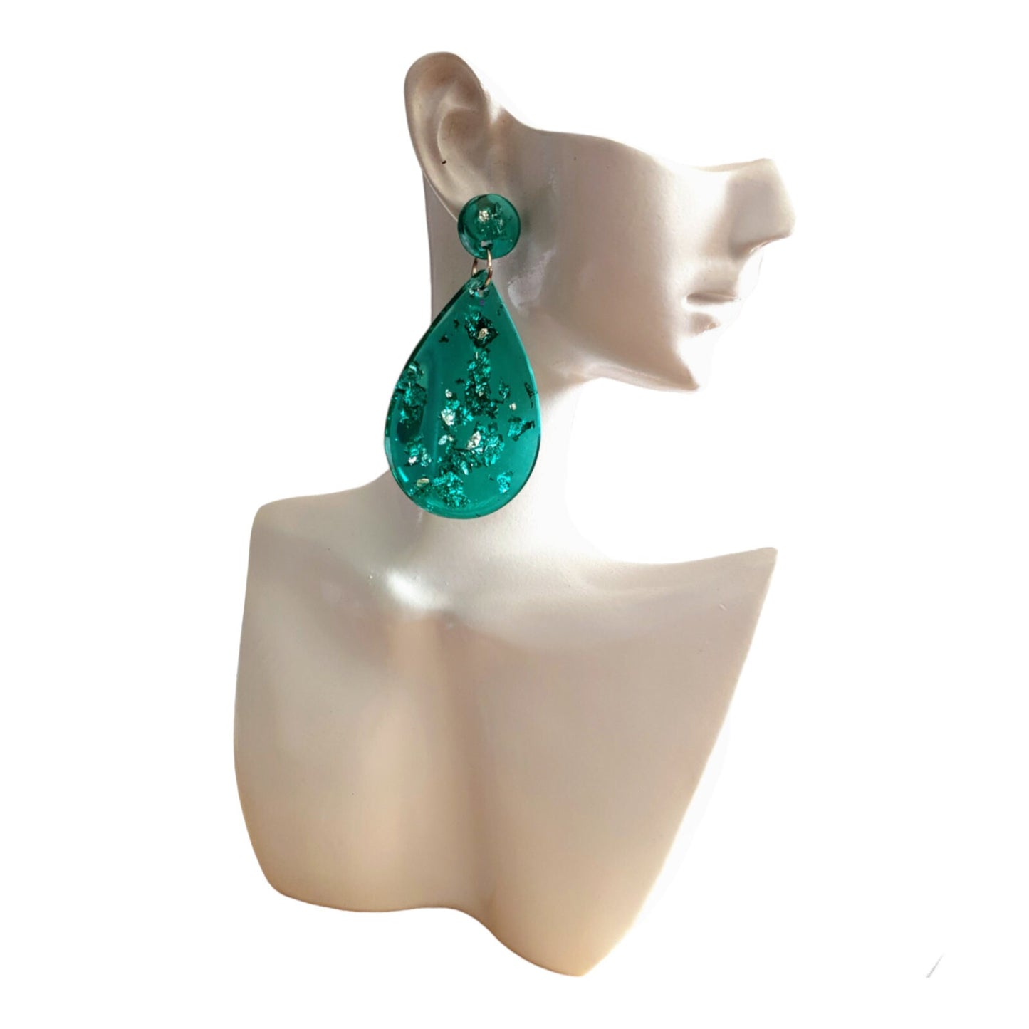 Teardrop Dangle Silver Leaf Earrings, Green with Silver Leaf Resin Drop Dangles, Stainless Steel, Statement Handmade Gift.