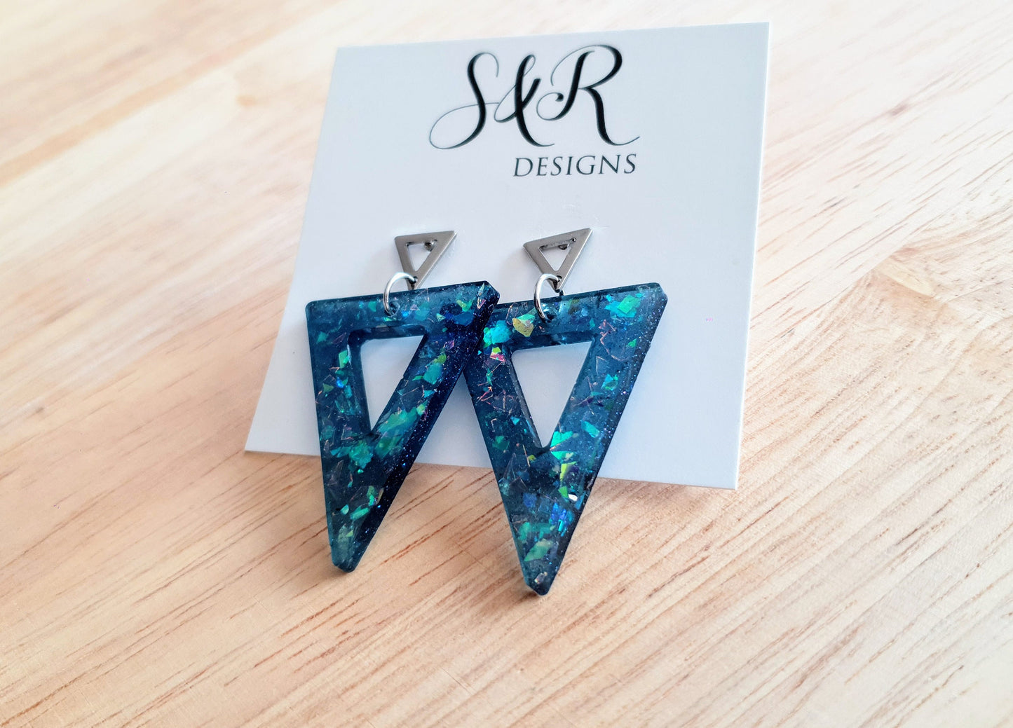 Blue Opal Design Triangle Dangle Earrings, Blue Mixed Glitter Resin Triangles, Stainless Steel Earrings, Statement Gift Earrings