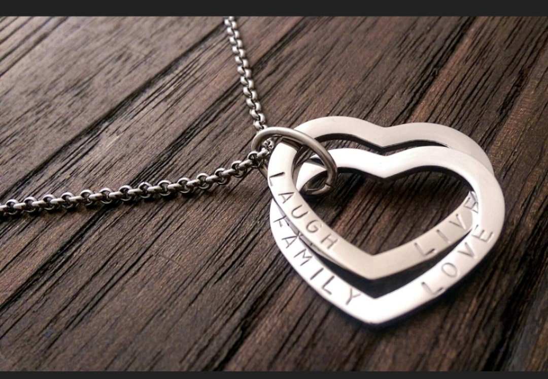 Personalised Heart Connecting Rings Necklace, Two Heart Links, Children names Personalized Hand Stamped Gift, Engagement, Girlfriend, Mother