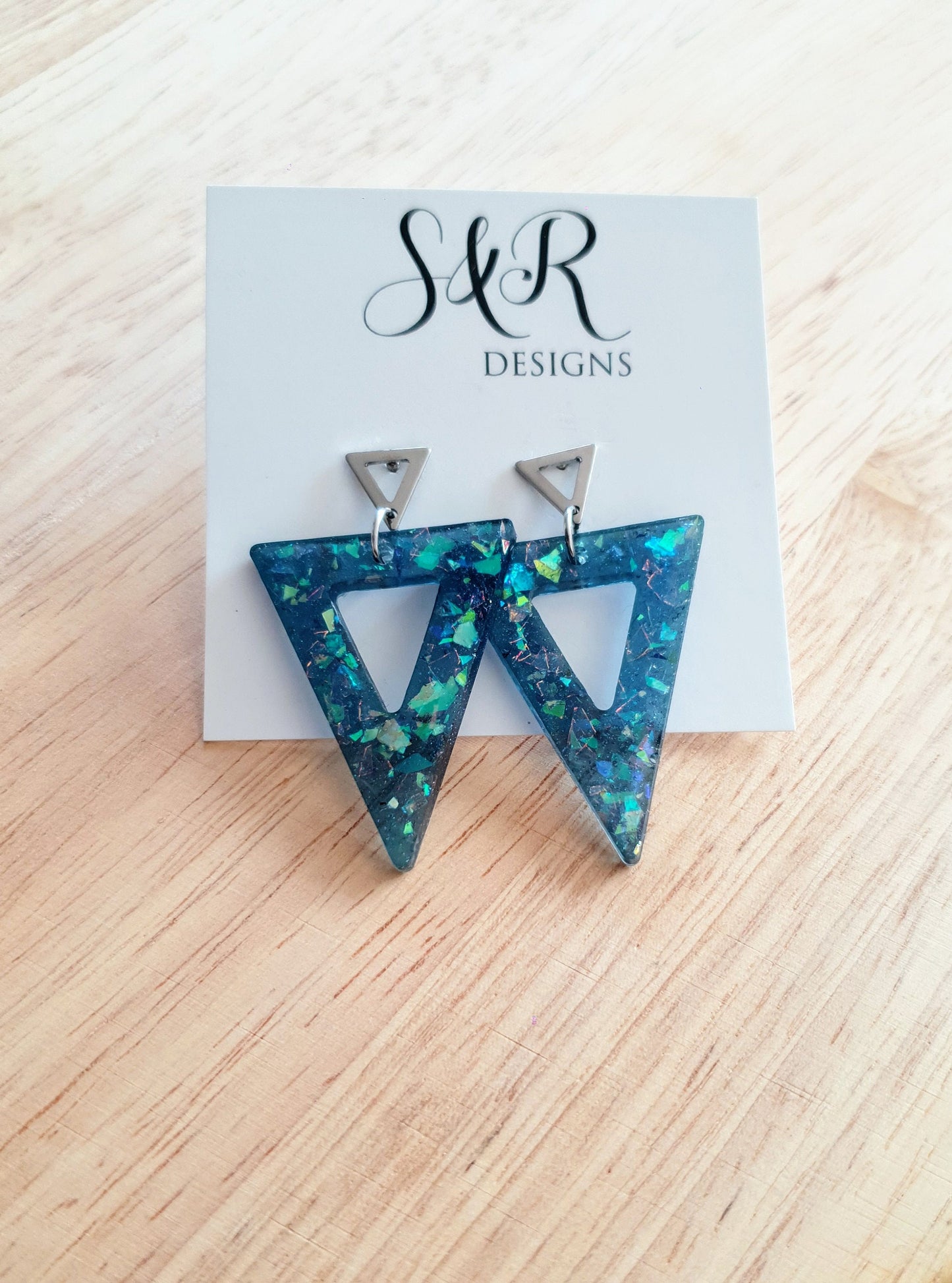 Blue Opal Design Triangle Dangle Earrings, Blue Mixed Glitter Resin Triangles, Stainless Steel Earrings, Statement Gift Earrings