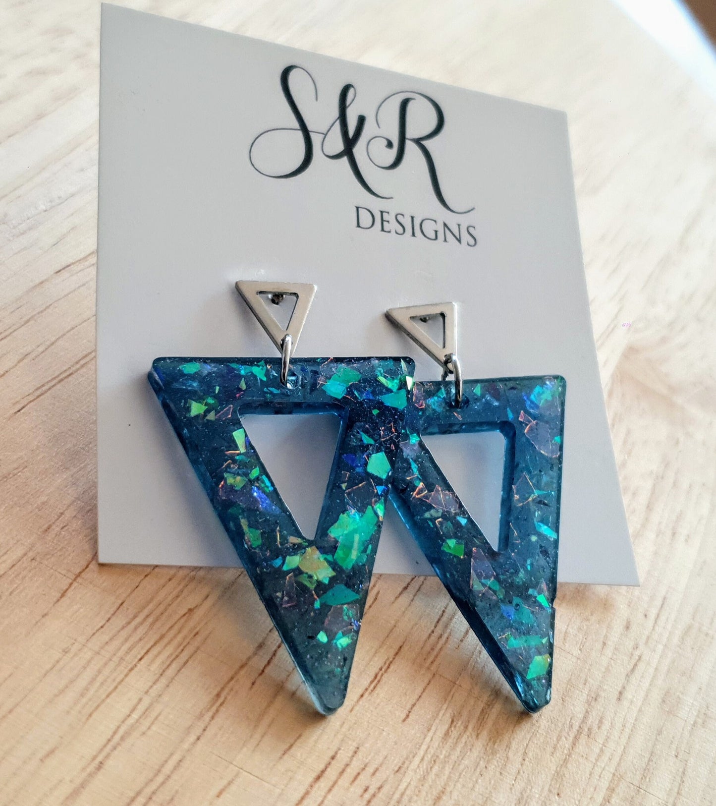 Blue Opal Design Triangle Dangle Earrings, Blue Mixed Glitter Resin Triangles, Stainless Steel Earrings, Statement Gift Earrings