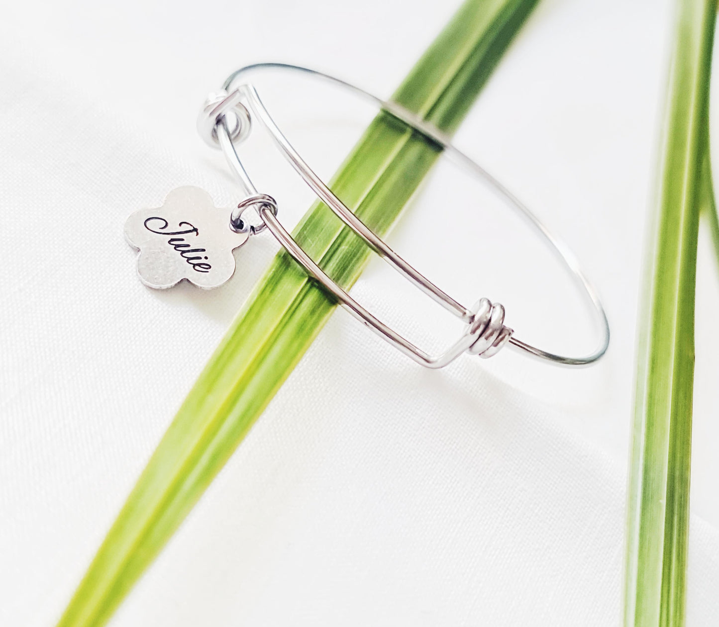 Silver Name Bangle, Personalised Initial Name Charm Bangle, Flower Design Charms, Adjustable Bangle Stainless Steel, Custom Gift for Her