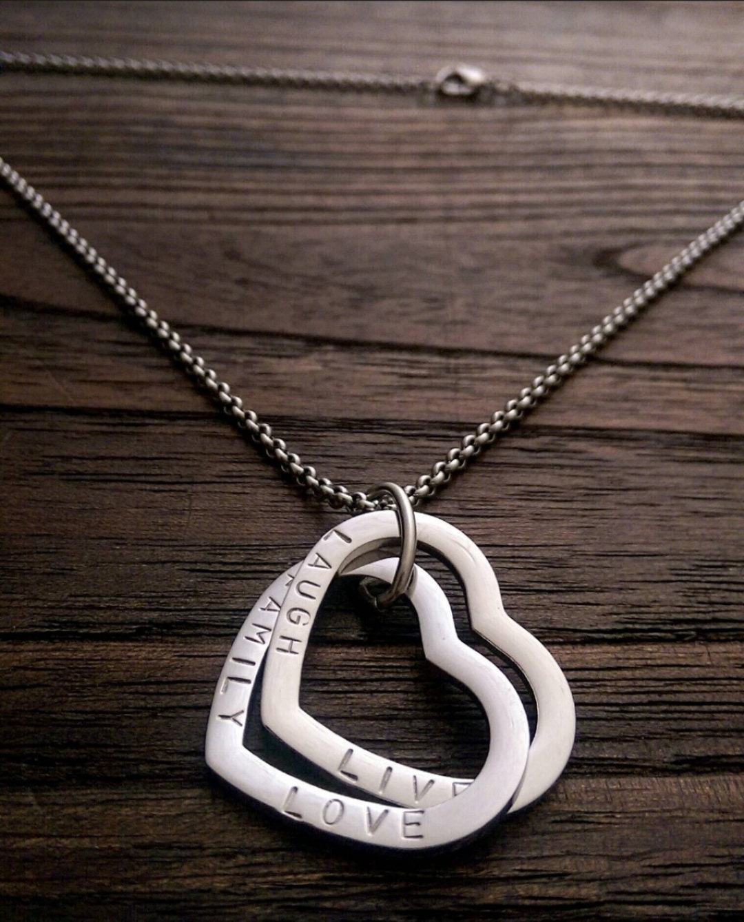 Personalised Heart Connecting Rings Necklace, Two Heart Links, Children names Personalized Hand Stamped Gift, Engagement, Girlfriend, Mother