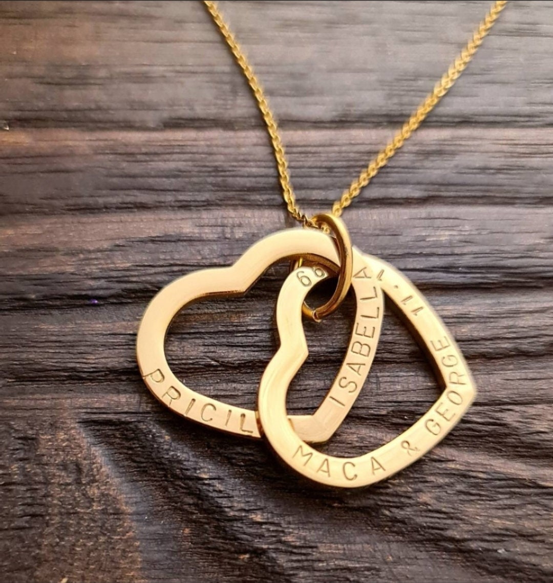 Personalised Heart Connecting Rings Necklace, Two Heart Links, Children names Personalized Hand Stamped Gift, Engagement, Girlfriend, Mother