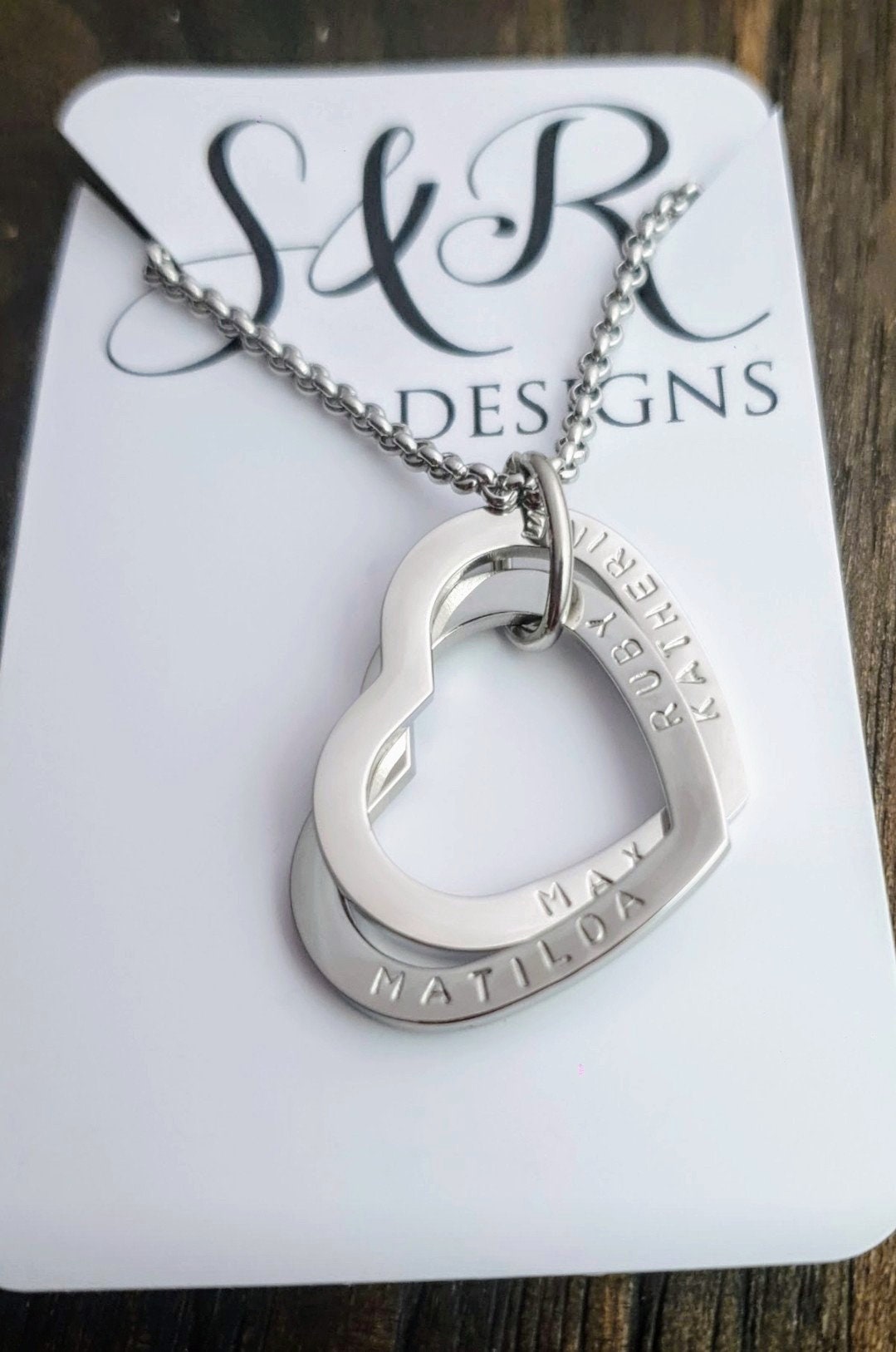 Personalised Heart Connecting Rings Necklace, Two Heart Links, Children names Personalized Hand Stamped Gift, Engagement, Girlfriend, Mother