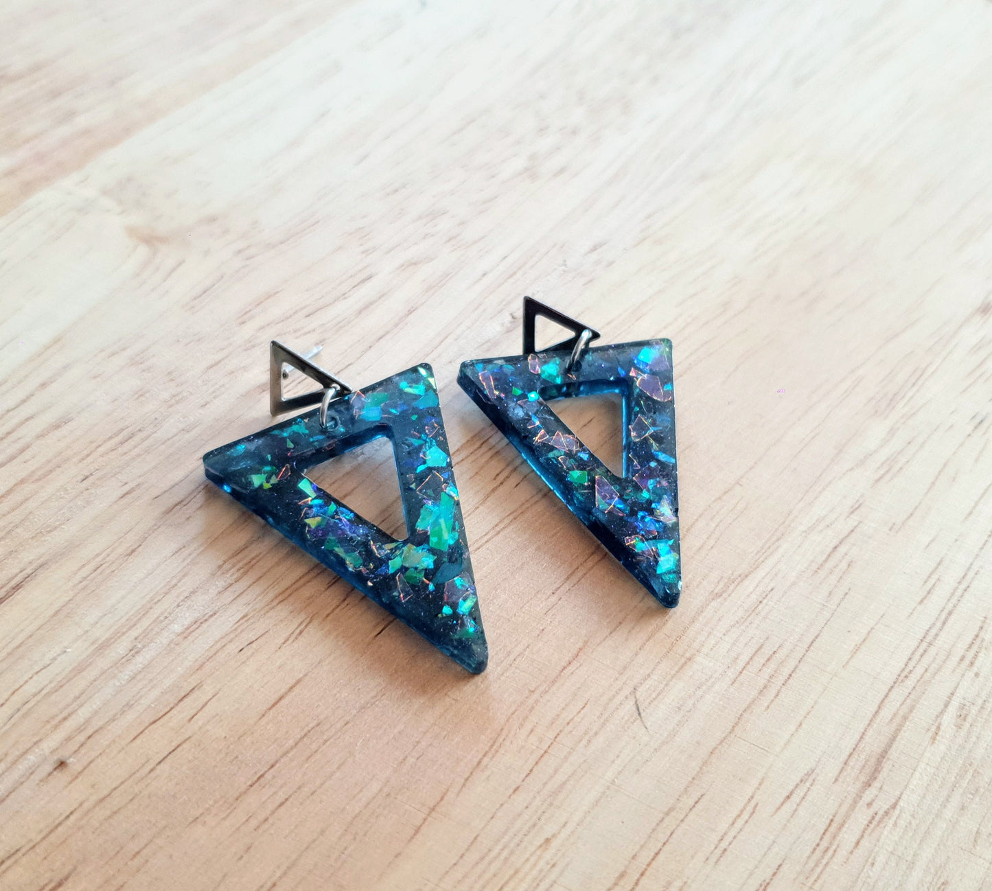 Blue Opal Design Triangle Dangle Earrings, Blue Mixed Glitter Resin Triangles, Stainless Steel Earrings, Statement Gift Earrings