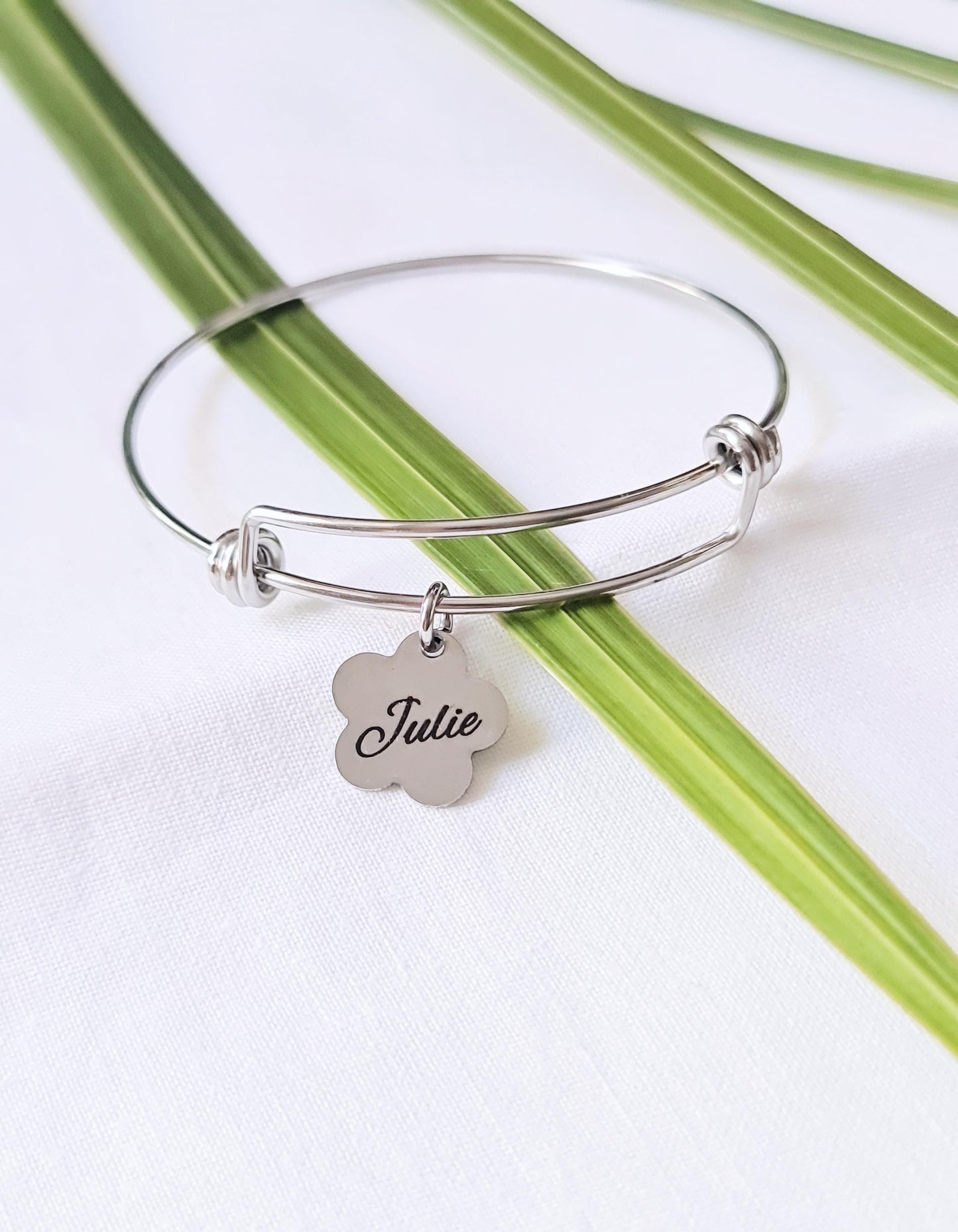 Silver Name Bangle, Personalised Initial Name Charm Bangle, Flower Design Charms, Adjustable Bangle Stainless Steel, Custom Gift for Her