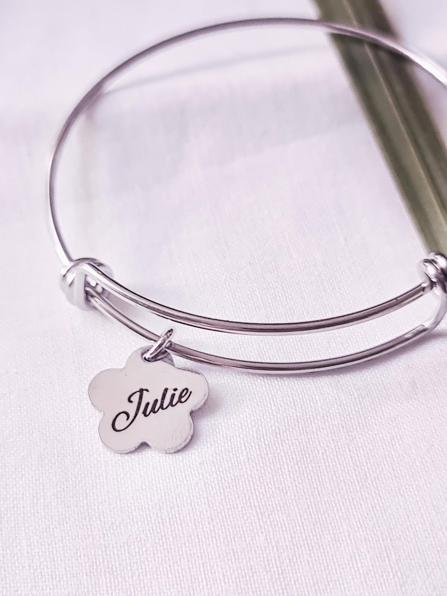 Silver Name Bangle, Personalised Initial Name Charm Bangle, Flower Design Charms, Adjustable Bangle Stainless Steel, Custom Gift for Her