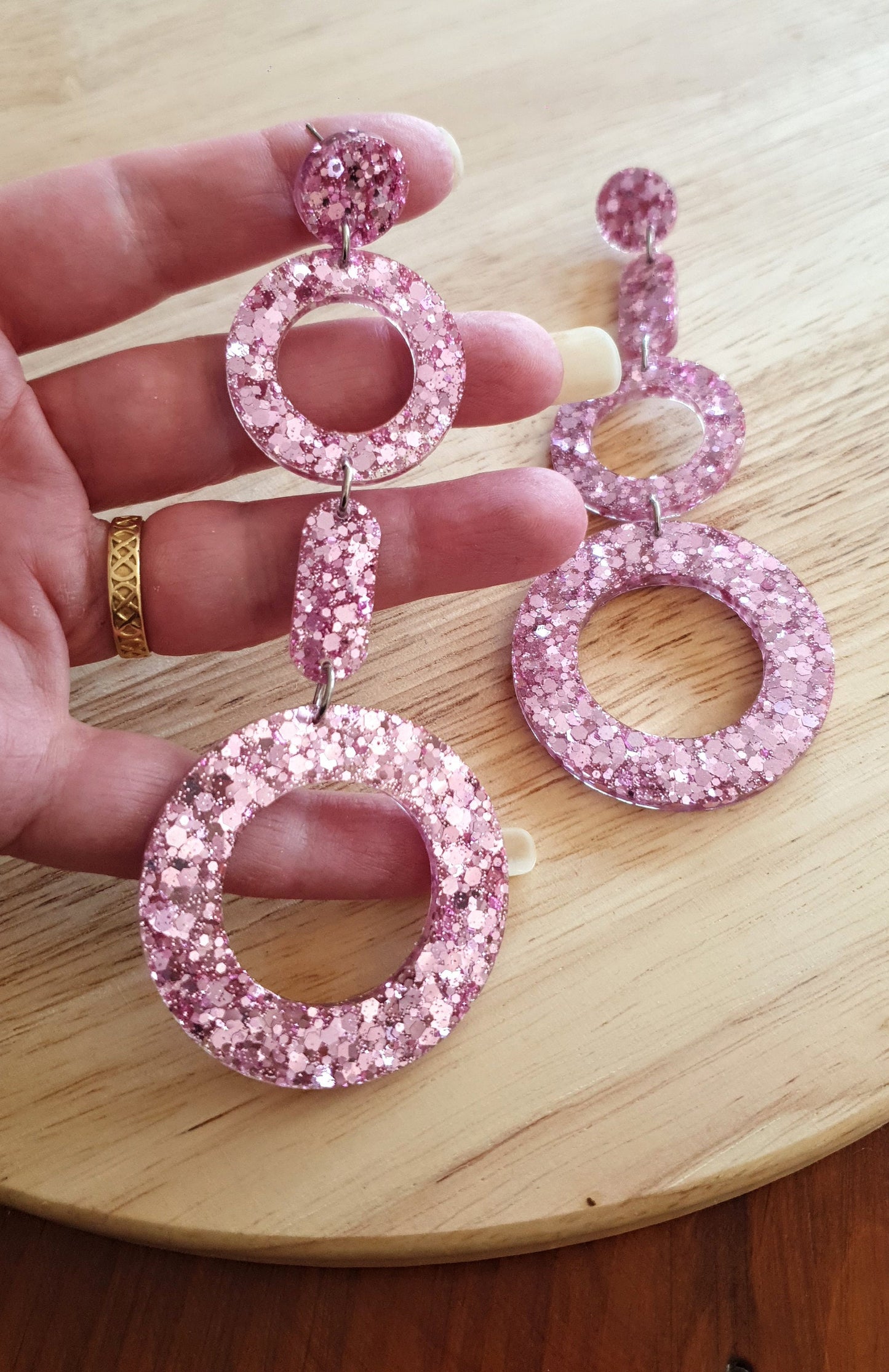 Pink Blush Circle Drop Mismatched Earrings, Pink Glitter Dangle, Oversized Statement Earrings, Stainless Steel.