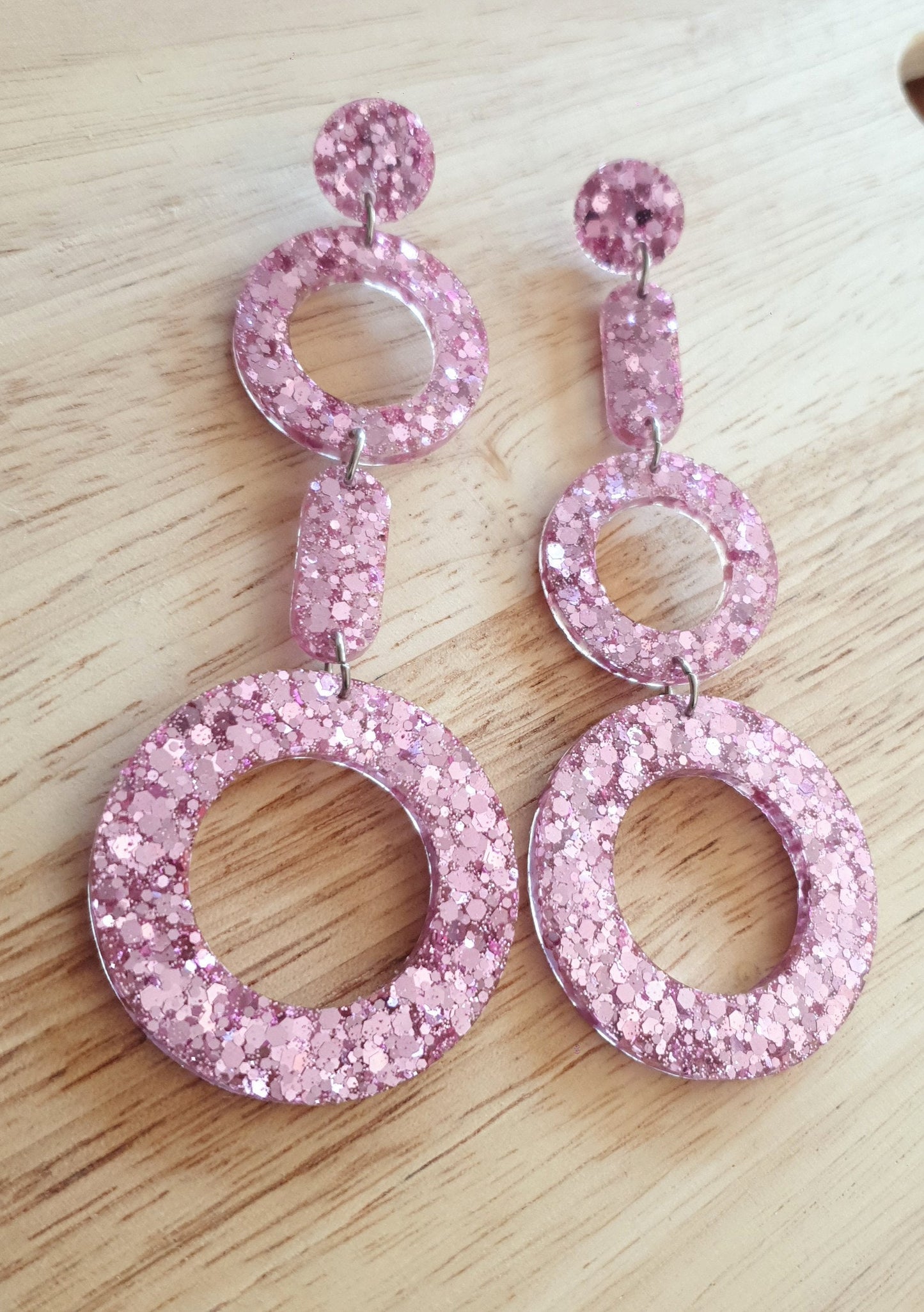 Pink Blush Circle Drop Mismatched Earrings, Pink Glitter Dangle, Oversized Statement Earrings, Stainless Steel.