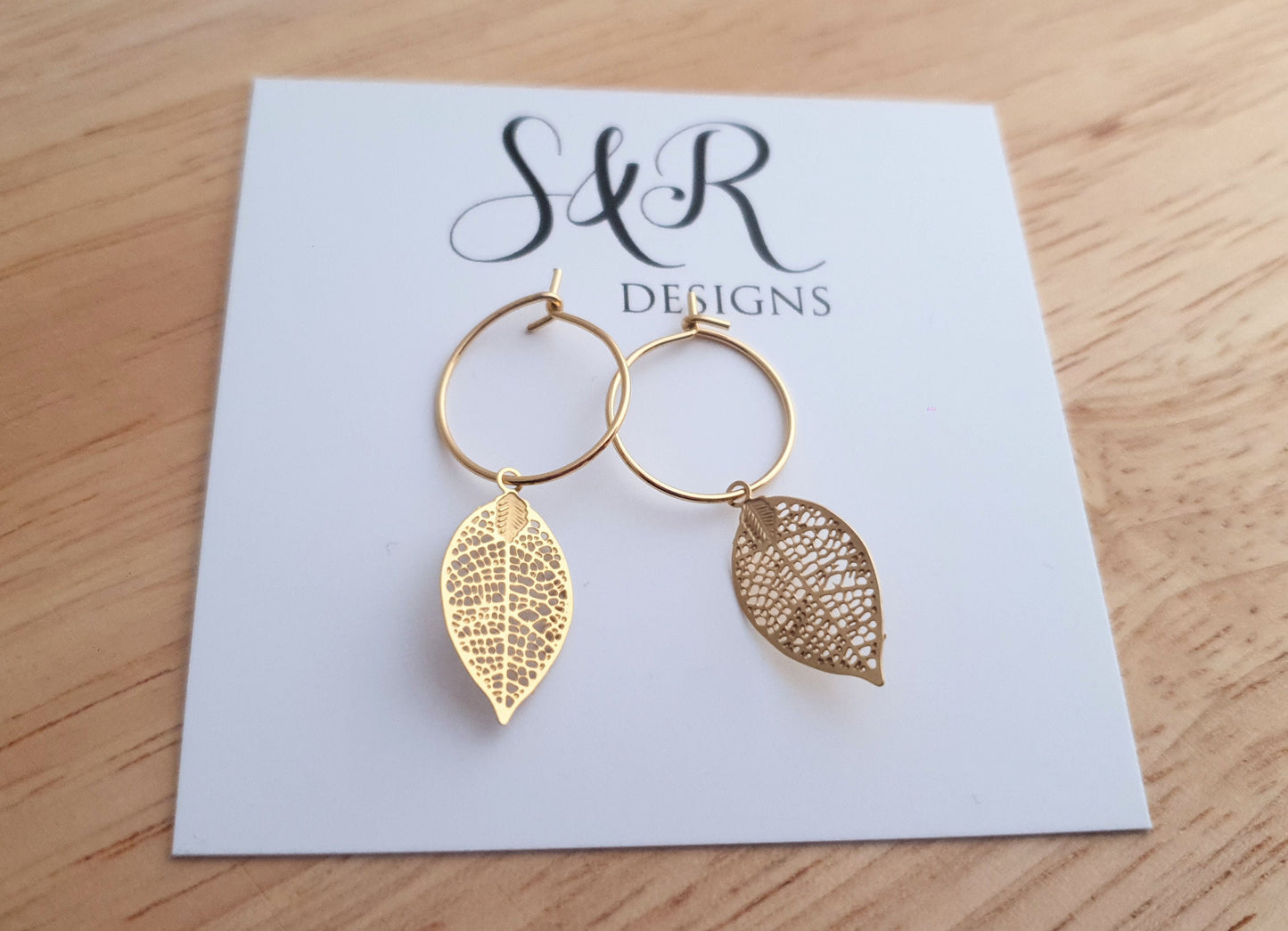 Gold Dainty Leaf Dangle Drop Earrings, Stainless Steel Dangle Choose Thread Earrings, Hook, Hoops or Leverback Earrings.