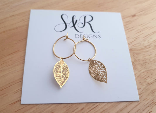 Gold Dainty Leaf Dangle Drop Earrings, Stainless Steel Dangle Choose Thread Earrings, Hook,  Hoops or Leverback Earrings.