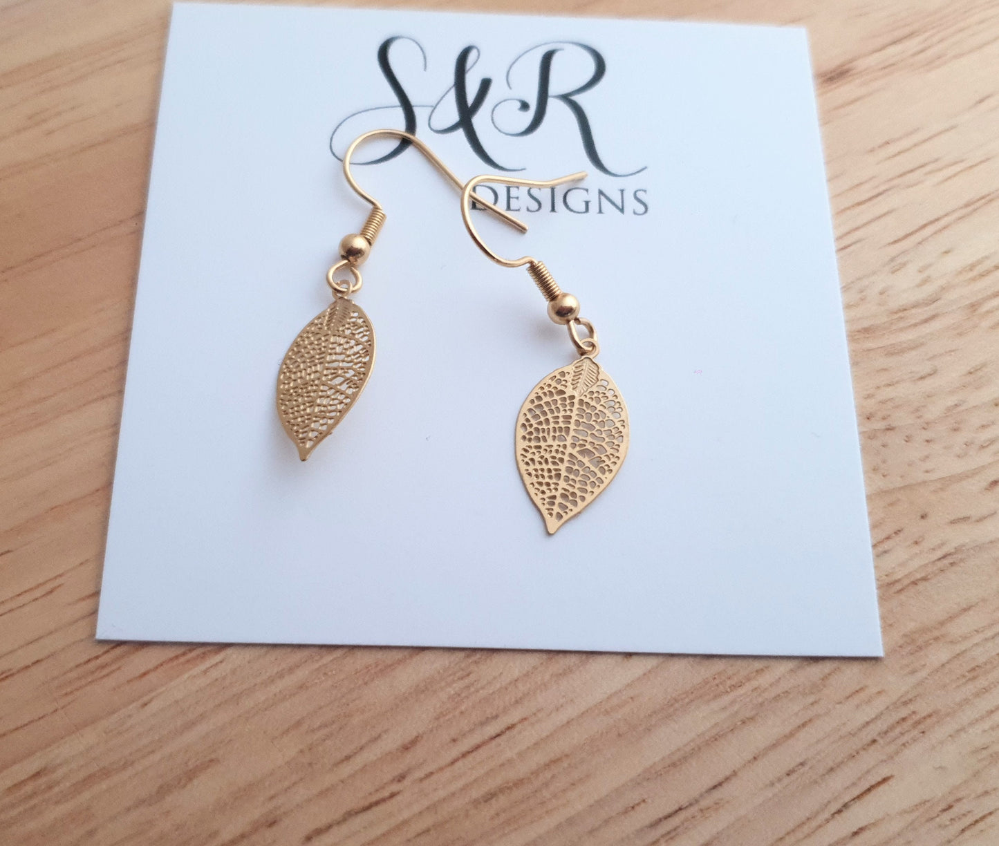 Gold Dainty Leaf Dangle Drop Earrings, Stainless Steel Dangle Choose Thread Earrings, Hook, Hoops or Leverback Earrings.