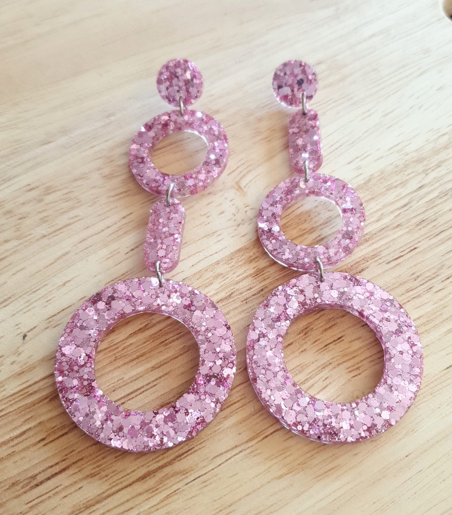 Pink Blush Circle Drop Mismatched Earrings, Pink Glitter Dangle, Oversized Statement Earrings, Stainless Steel.
