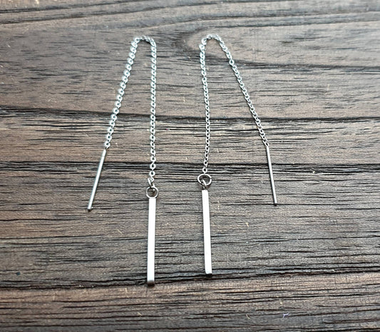 Silver Bar Threader Earrings, Stainless Steel Long Bar Dangles.