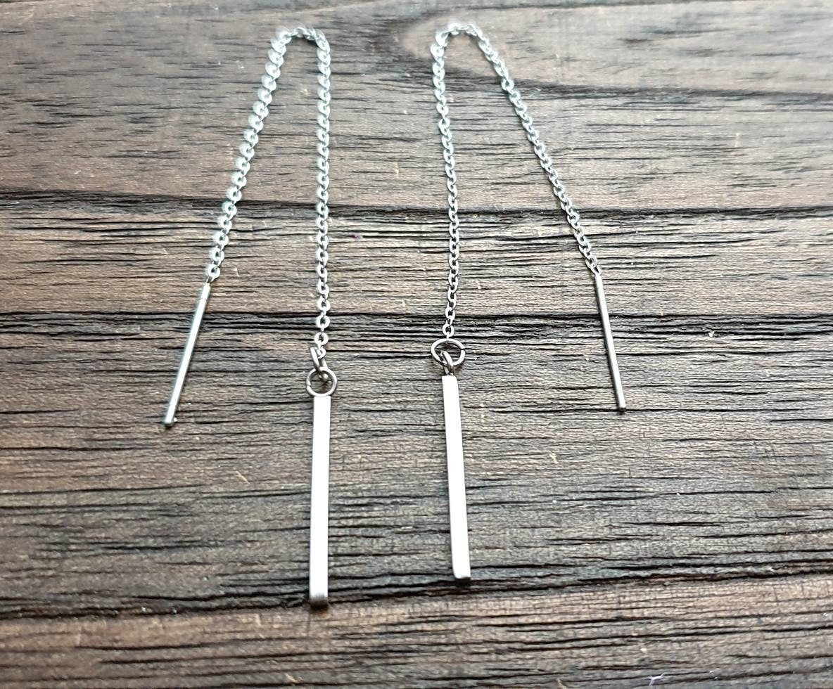 Silver Bar Threader Earrings, Stainless Steel Long Bar Dangles.