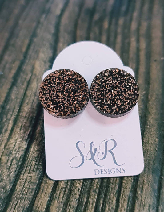 Black Copper Glitter Circle Stud Earrings, Acrylic Earrings, Stainless Steel Earrings. 15mm