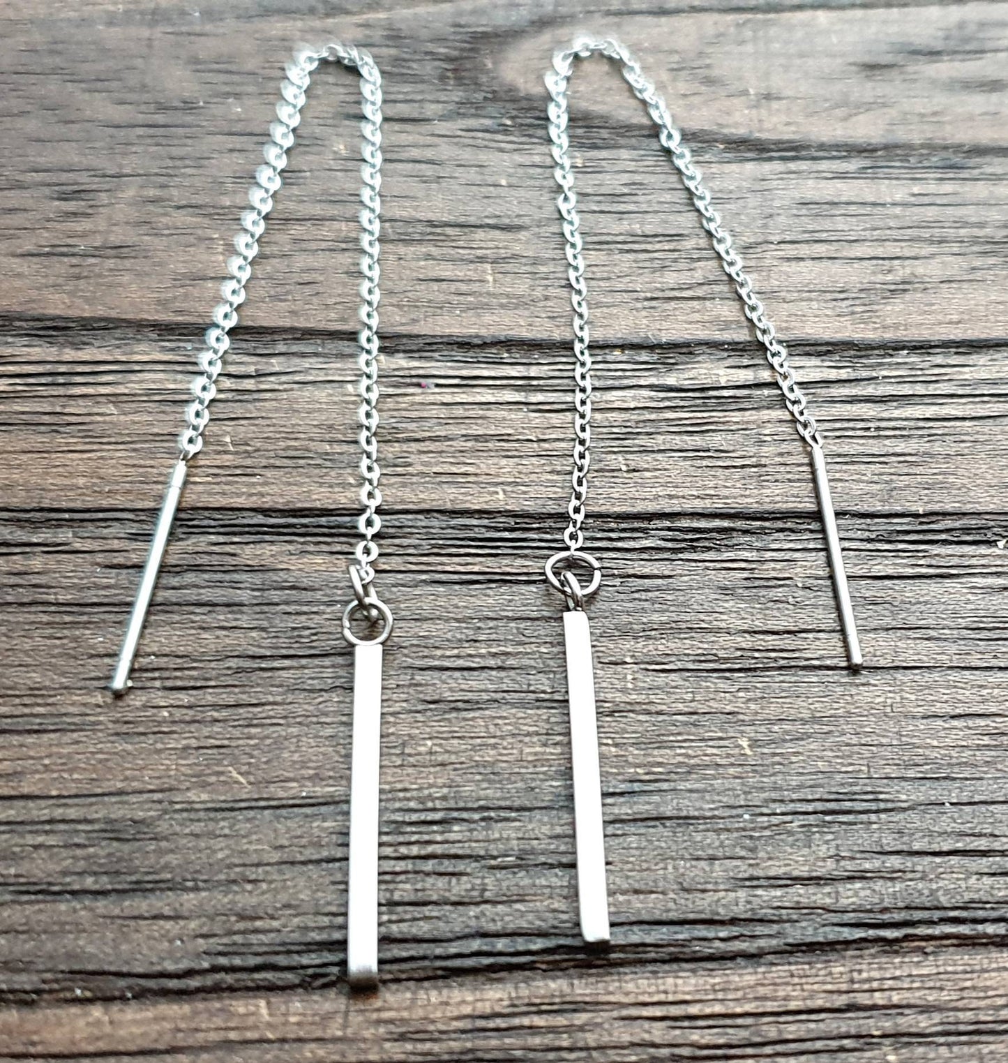 Silver Bar Threader Earrings, Stainless Steel Long Bar Dangles.